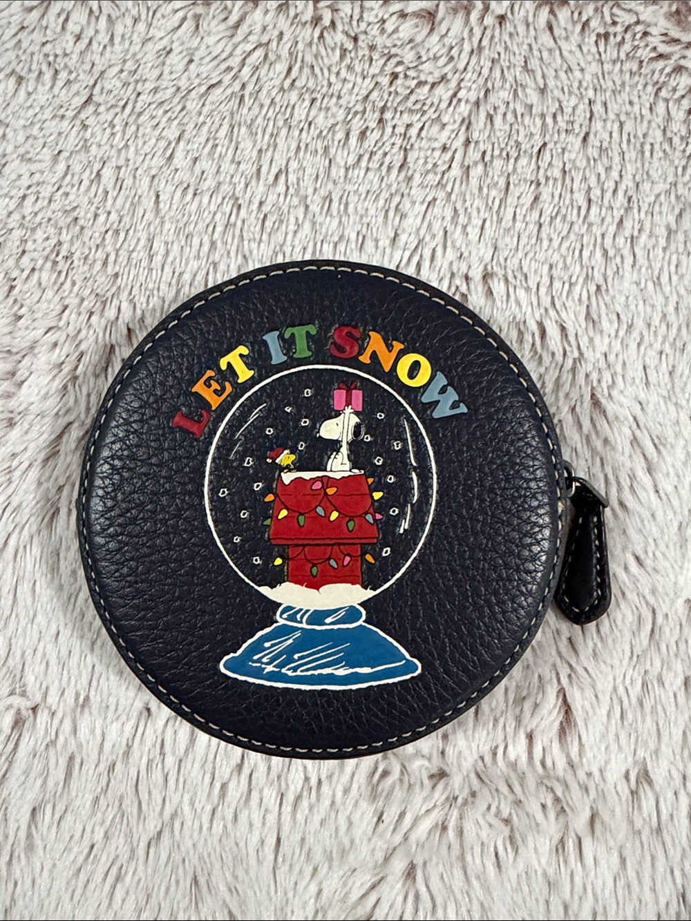 Coach Black Round Zip Coin Purse with Colorful Snoopy Snow Globe